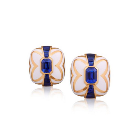 Two-Tone Emerald Cut Blue Sapphire & White Ceramic Stud Earring
