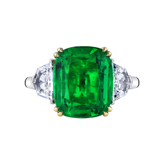 Emerald Cushion with Half-Moon Diamond Side Stones Ring