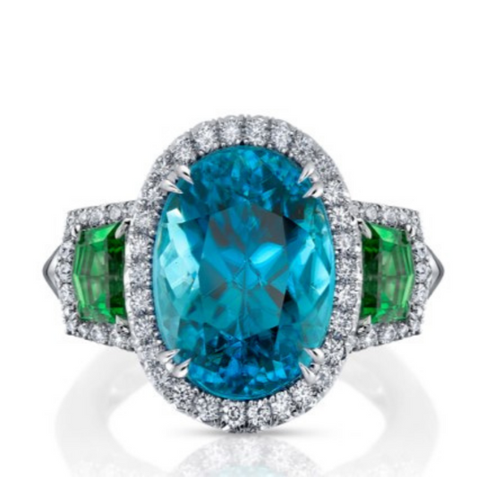 10.80ct blue zircon, tsavorite & diamond ring
