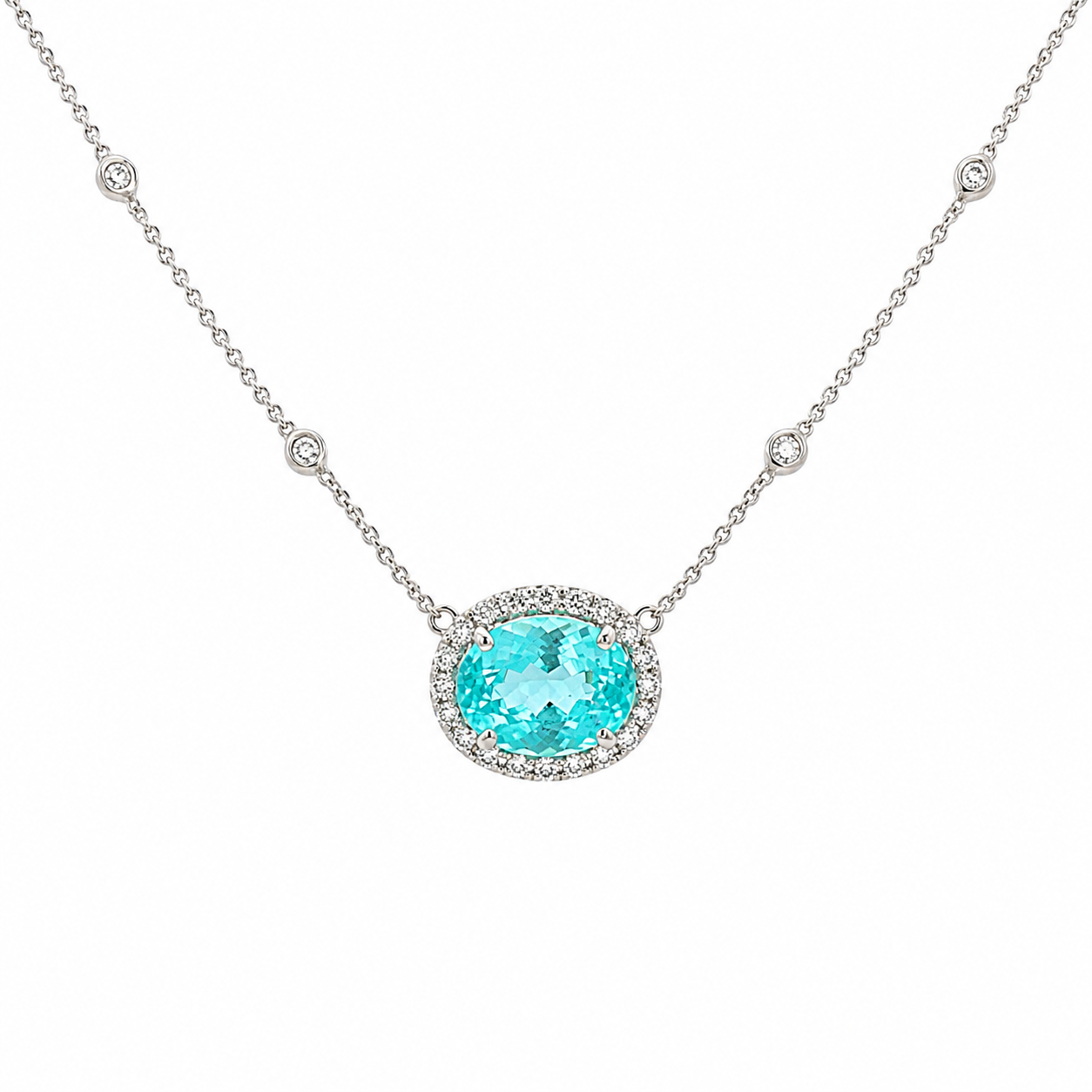 Mozambique Paraiba Tourmaline Oval Pendant & Diamond Bezel Necklace