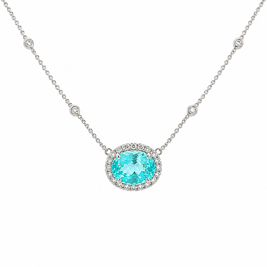 Mozambique Paraiba Tourmaline Oval Pendant & Diamond Bezel Necklace