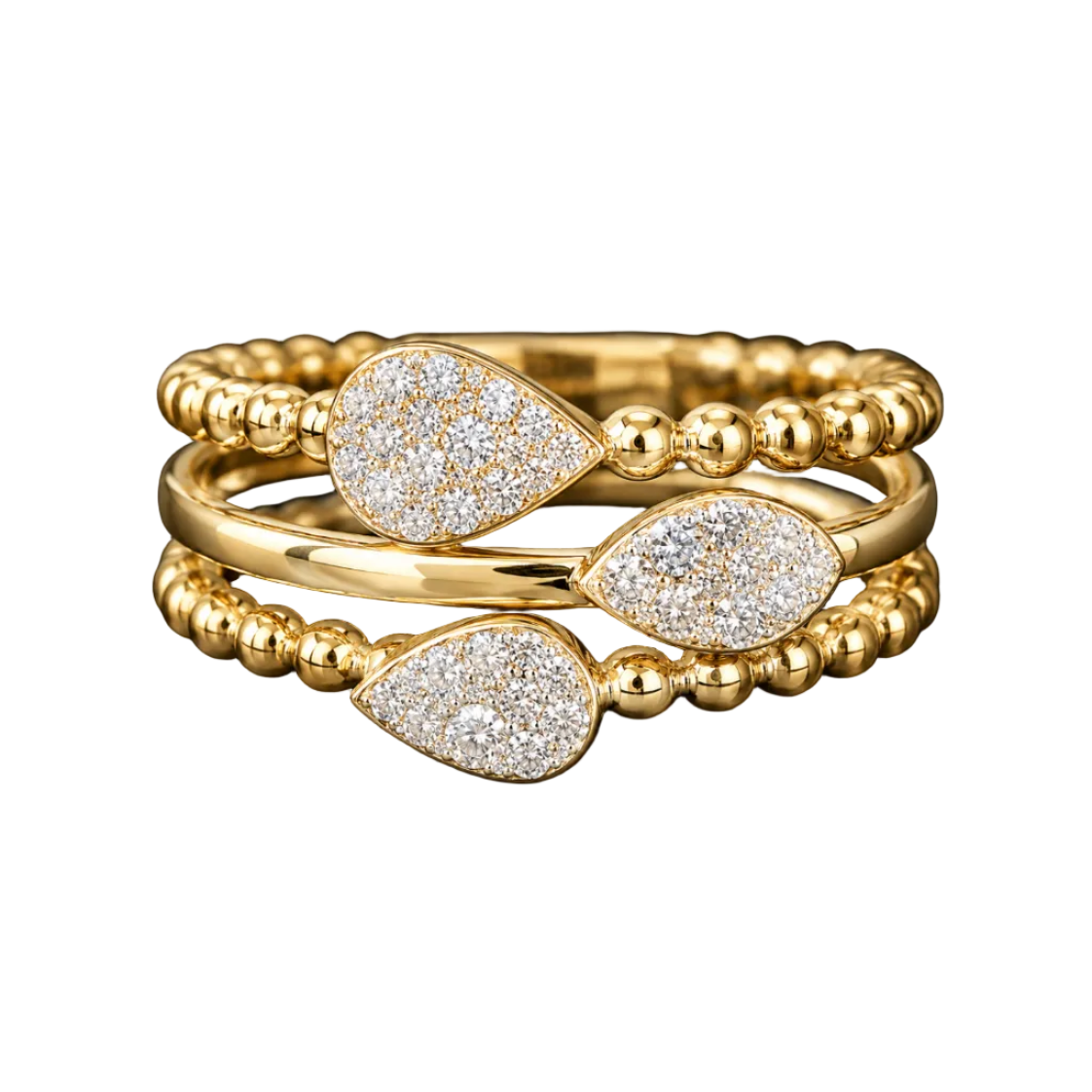 3 Row Diamond Beaded Gold Ring