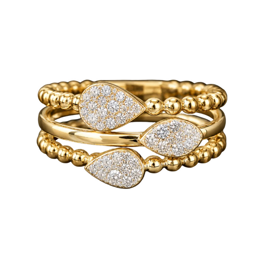 3 Row Diamond Beaded Gold Ring