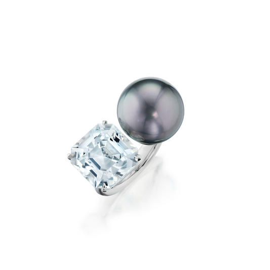 Tahitian pearl and emerald cut Goshenite Beryl diamond ring