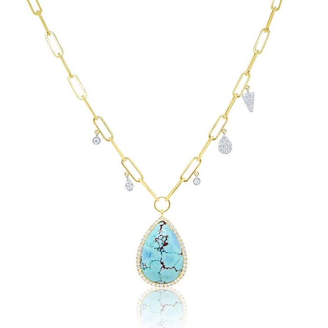 Pear Shape Turquoise and Diamond Charm Necklace