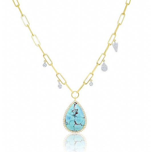 Pear Shape Turquoise and Diamond Charm Necklace