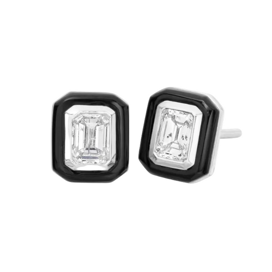 Black Agate & Diamond Stud Earrings