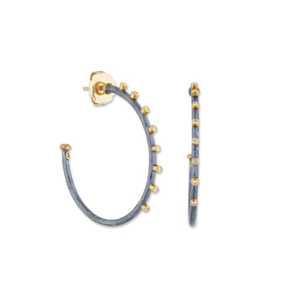 Diamond and Oxidized SS Hoop Earrings