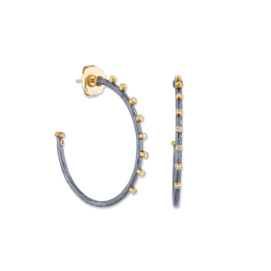 Diamond and Oxidized SS Hoop Earrings