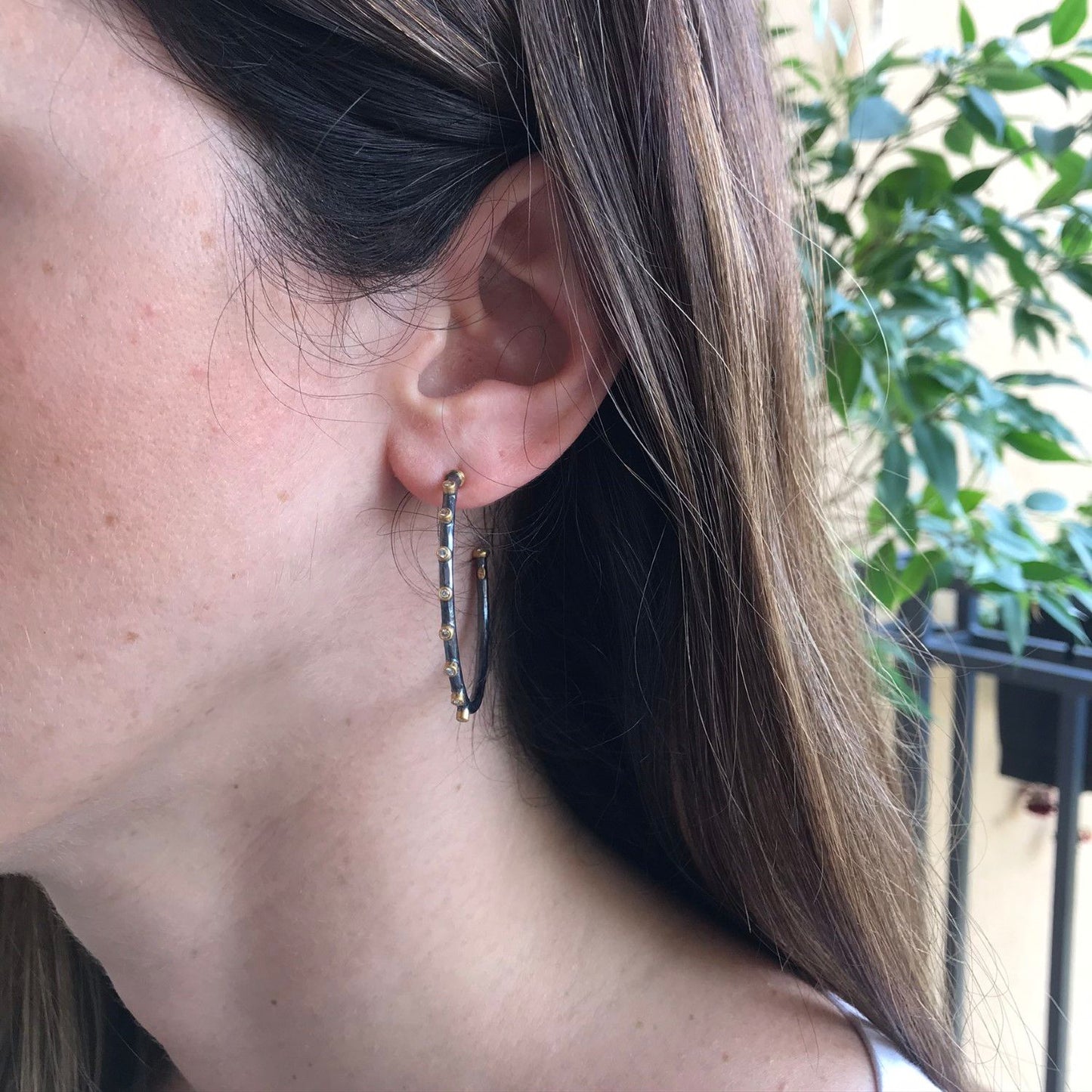 Diamond and Oxidized SS Hoop Earrings