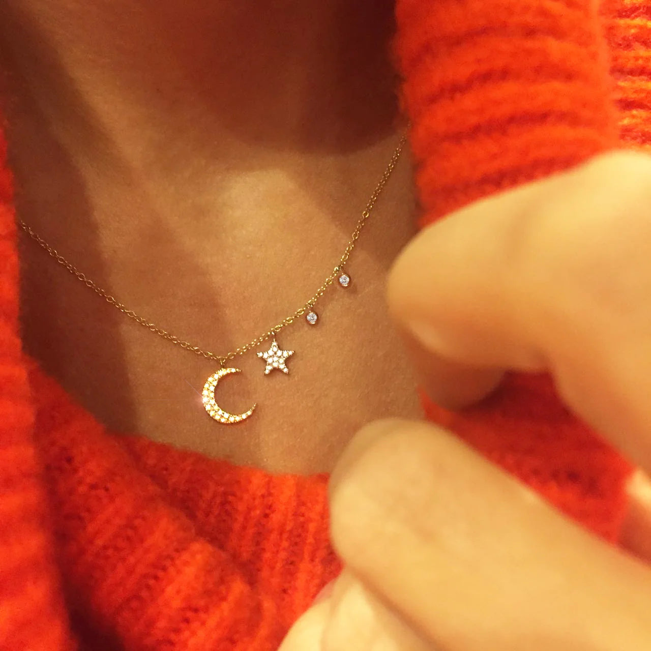 Two Tone Diamond Moon/Star Necklace