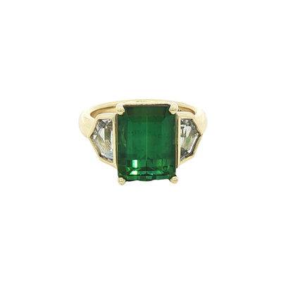 Green Tourmaline & Epaulette White Sapphire Ring