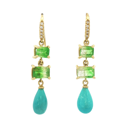 Brio Sleeping Beauty Turquoise  and Bi-Color Emerald Cut Tsavorite Drop Earrings