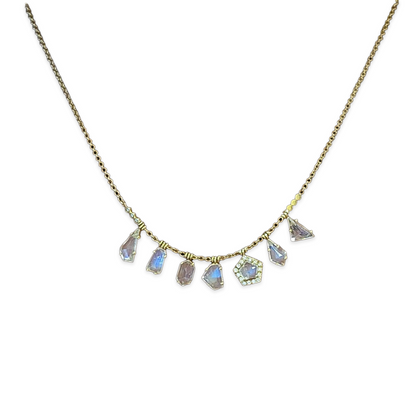 Mixed Shape Rainbow Moonstone and Diamond Necklace