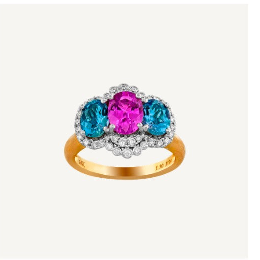Aquamarine, Pink Sapphire & Diamond Ring