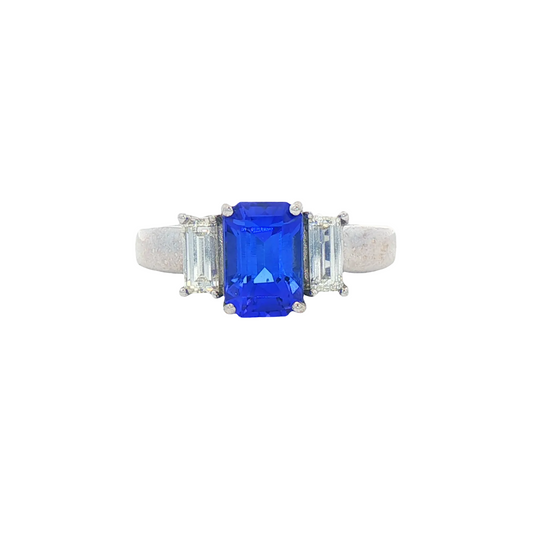 Emerald Cut Tanzanite & Diamond 3 Stone Ring