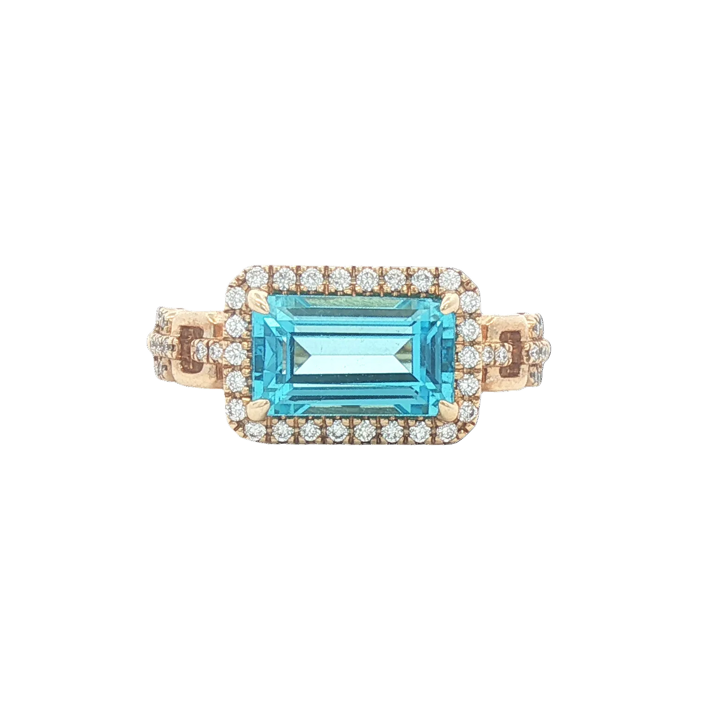 Emerald Cut Blue Topaz & Diamond Link Ring