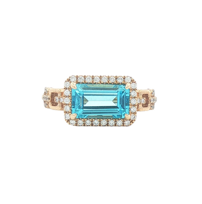 Emerald Cut Blue Topaz & Diamond Link Ring