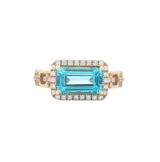 Emerald Cut Blue Topaz & Diamond Link Ring
