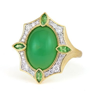 Chrysoprase, Tsavorite & Diamond Ring