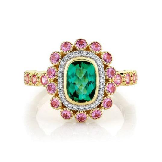 Green Tourmaline, Pink Sapphire & Diamond Ring