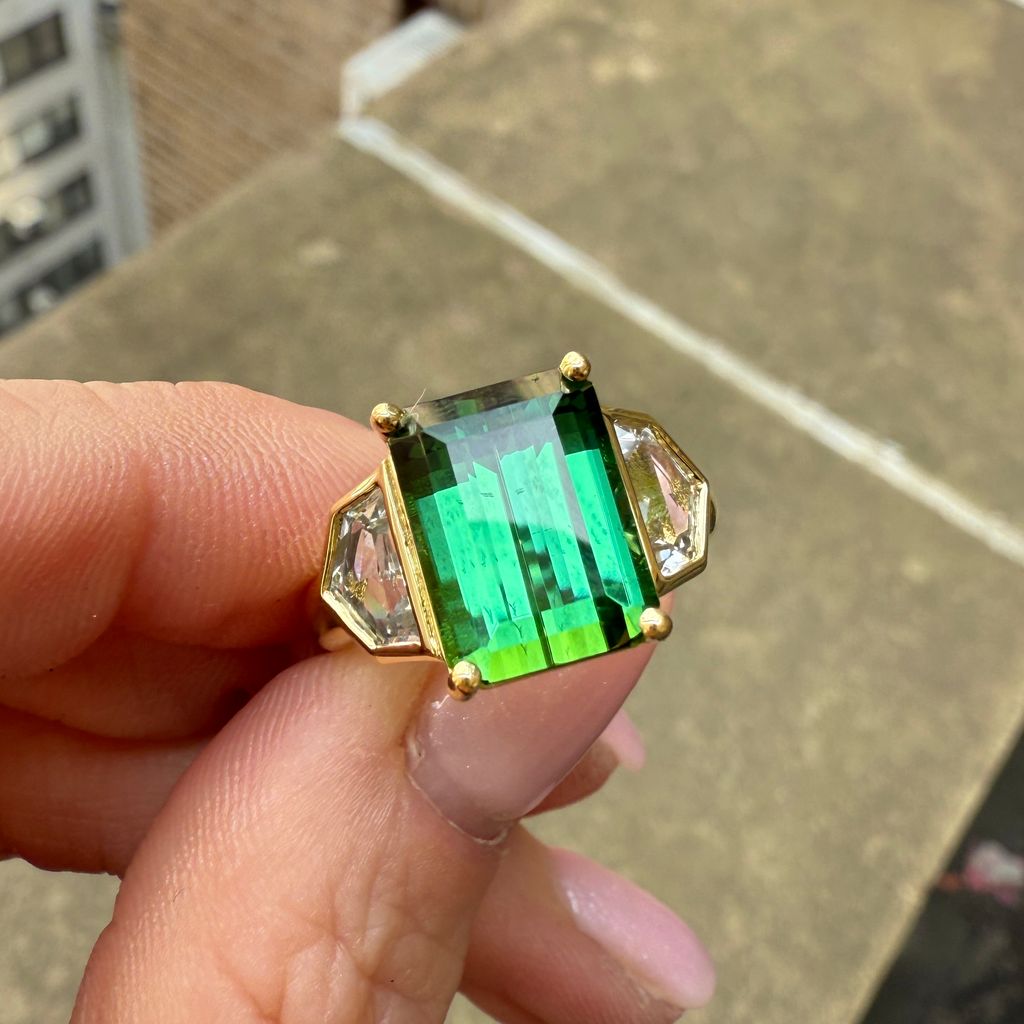 Green Tourmaline & Epaulette White Sapphire Ring