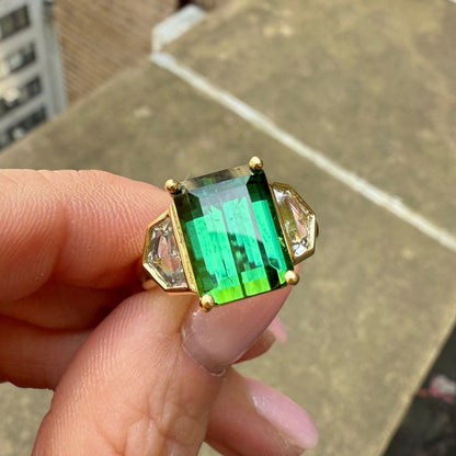 Green Tourmaline & Epaulette White Sapphire Ring