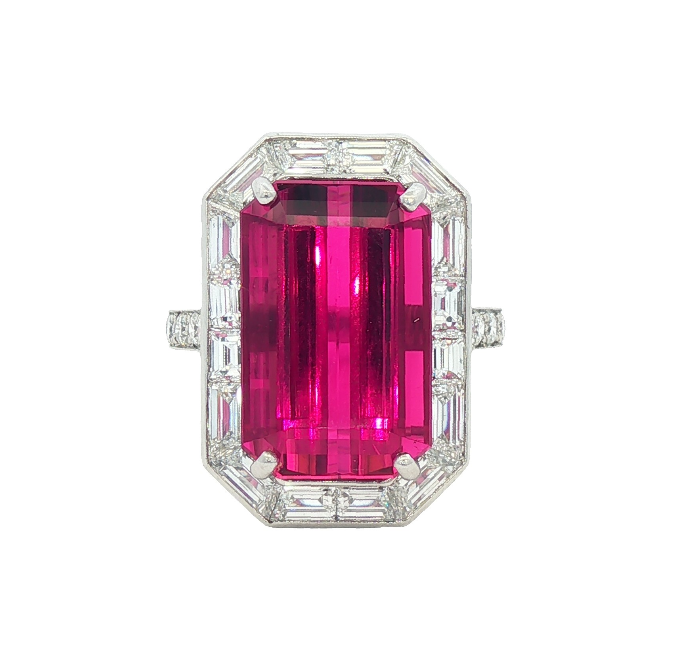 Emerald Cut Rubellite & Diamond Ring