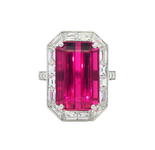 Emerald Cut Rubellite & Diamond Ring