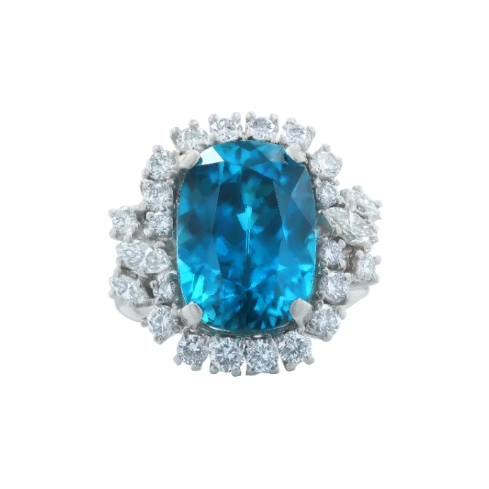 Cushion Blue Zircon & Diamond Ring