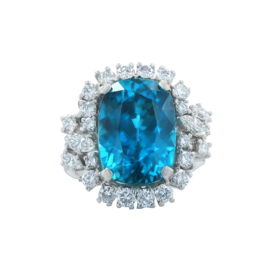 Cushion Blue Zircon & Diamond Ring