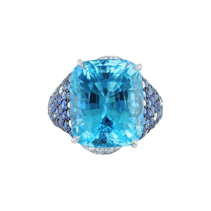 Cushion Salavetti Mare Aquamarine, Blue Sapphire, & Diamond Ring