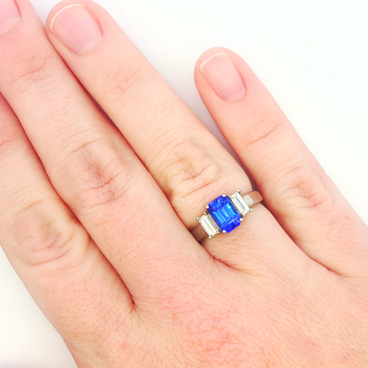 Emerald Cut Tanzanite & Diamond 3 Stone Ring
