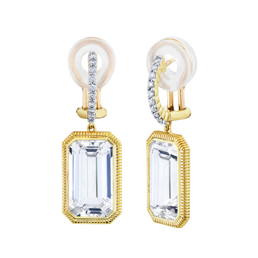 Emerald Cut White Topaz and Diamond Drop Earrings