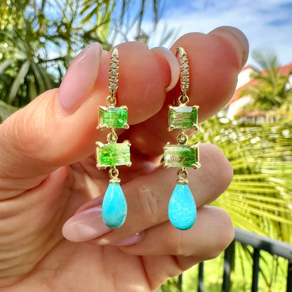 Brio Sleeping Beauty Turquoise  and Bi-Color Emerald Cut Tsavorite Drop Earrings