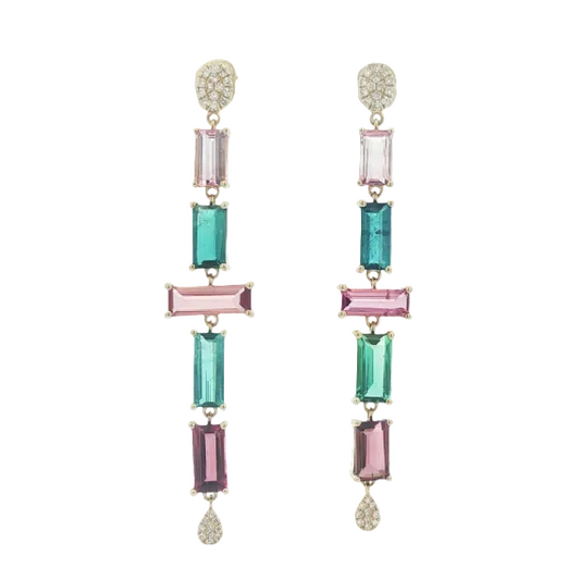 Emerald Cut Watermelon Tourmaline Dangle Earrings