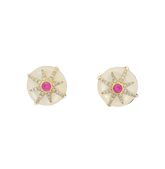 Mother-Of-Pearl, Pink Sapphire, & Diamond Studs