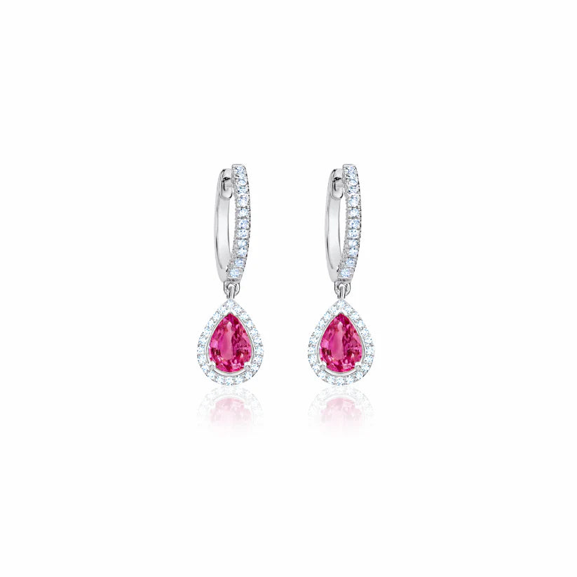 Pear Shape Pink Sapphire & Diamond Dangle Earrings