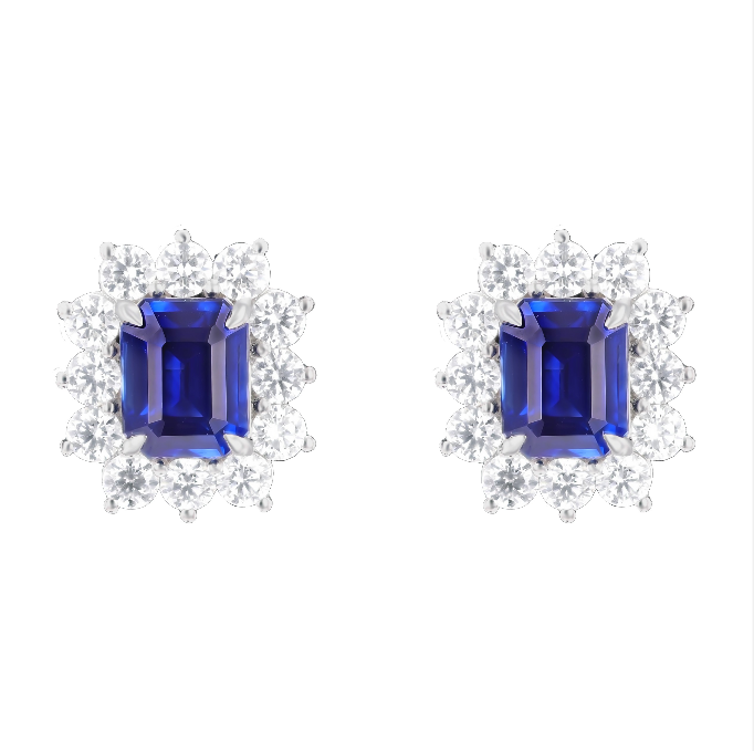 Emearld Cut Ceylon Blue Sapphire & Diamond Earrings