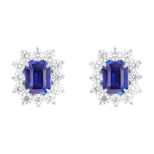 Emearld Cut Ceylon Blue Sapphire & Diamond Earrings