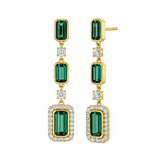 Blue/Green Tourmaline & Diamond Dangle Earrings