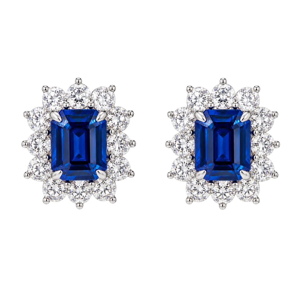 Emearld Cut Ceylon Blue Sapphire & Diamond Earrings