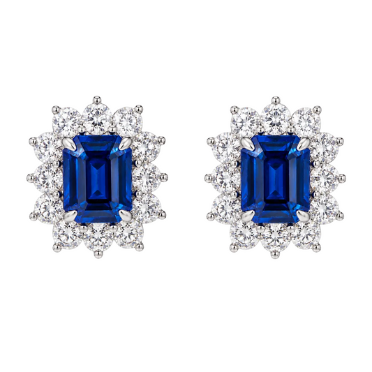 Emearld Cut Ceylon Blue Sapphire & Diamond Earrings