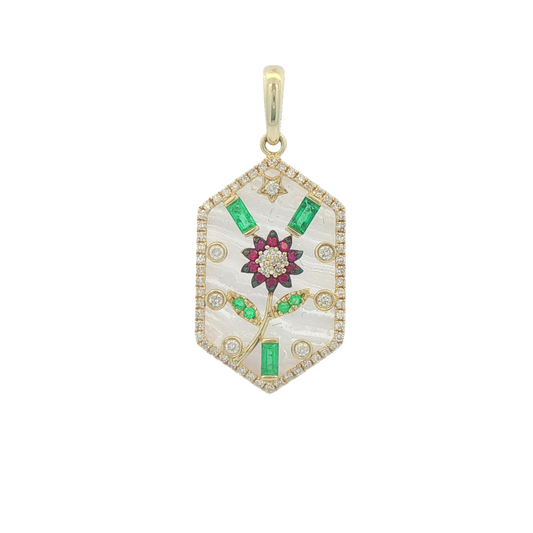 Calcedon, Ruby, Emerald, & Diamond Floral Pendant