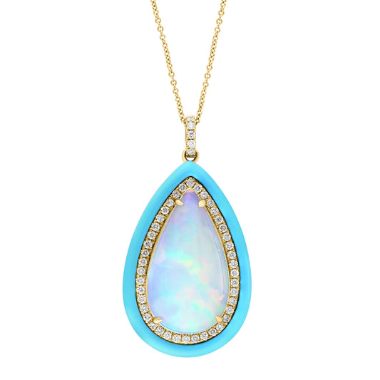 Opal with Turquoise & Diamond Halo Necklace