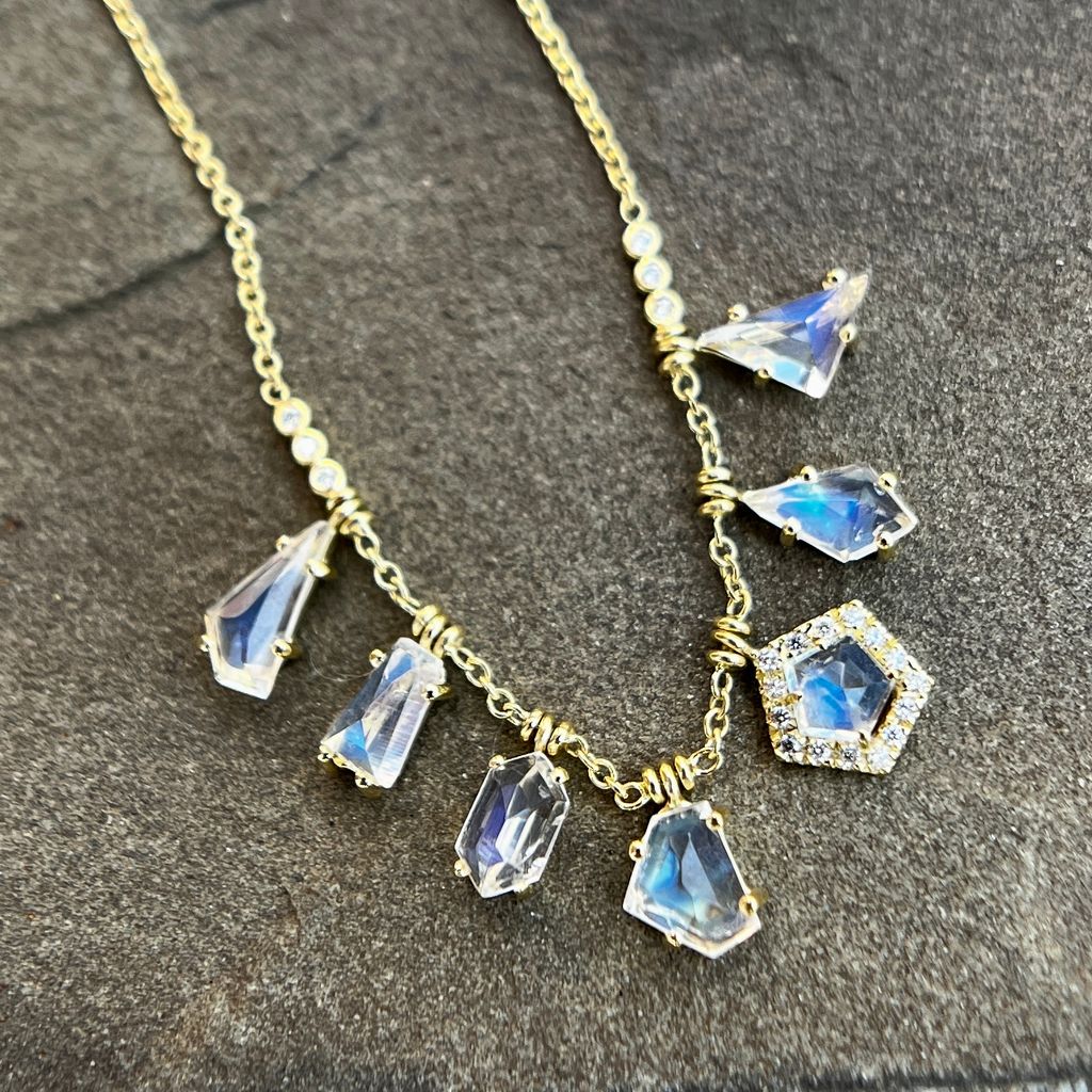 Mixed Shape Rainbow Moonstone and Diamond Necklace