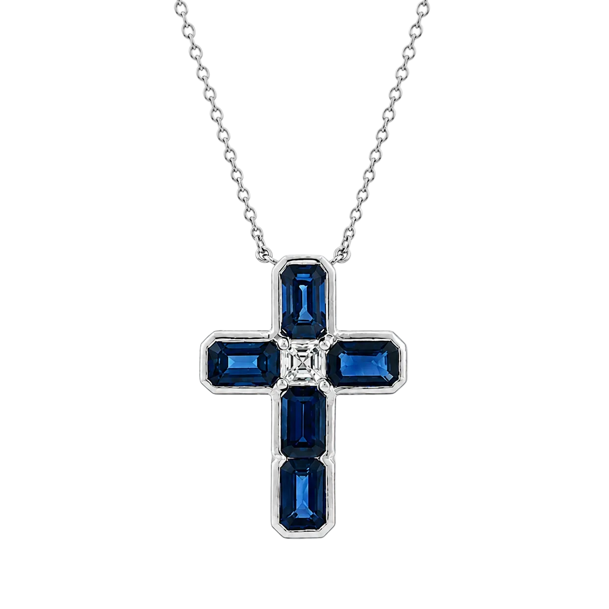 Blue Sapphire & Diamond Cross Necklace