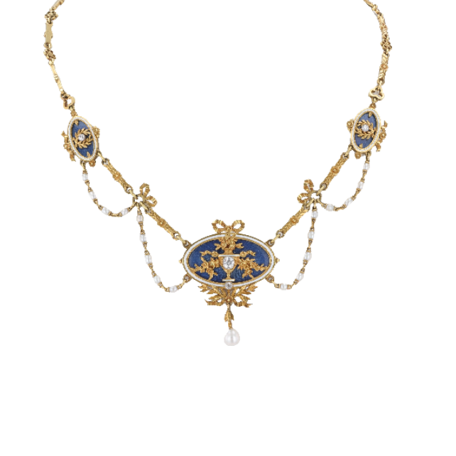 Art Nouveau Enamel, Pearl, & Diamond Necklace