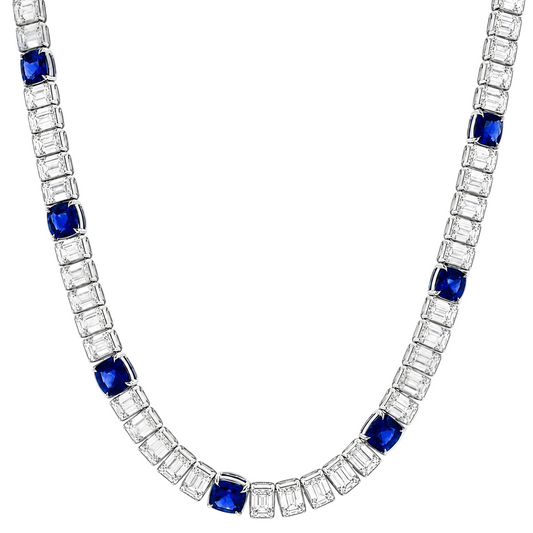 Emerald Cut Diamond & Cushion Cut Blue Sapphire Necklace