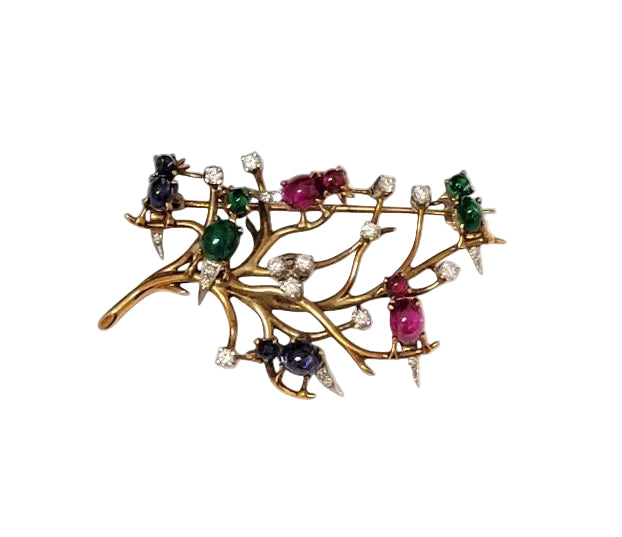 Ruby, Sapphire, Emerald, & Diamond Brooch